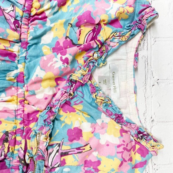 Garnet Hill Bird Print Wrap Neck Long Sleeved Dress Girls 2 Blue Pink Yellow - Picture 6 of 8